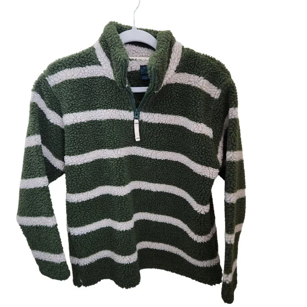 Mini Boden Boy’s Size 11 12 Green & Black Striped Sherpa Pullover‎ Jacket
